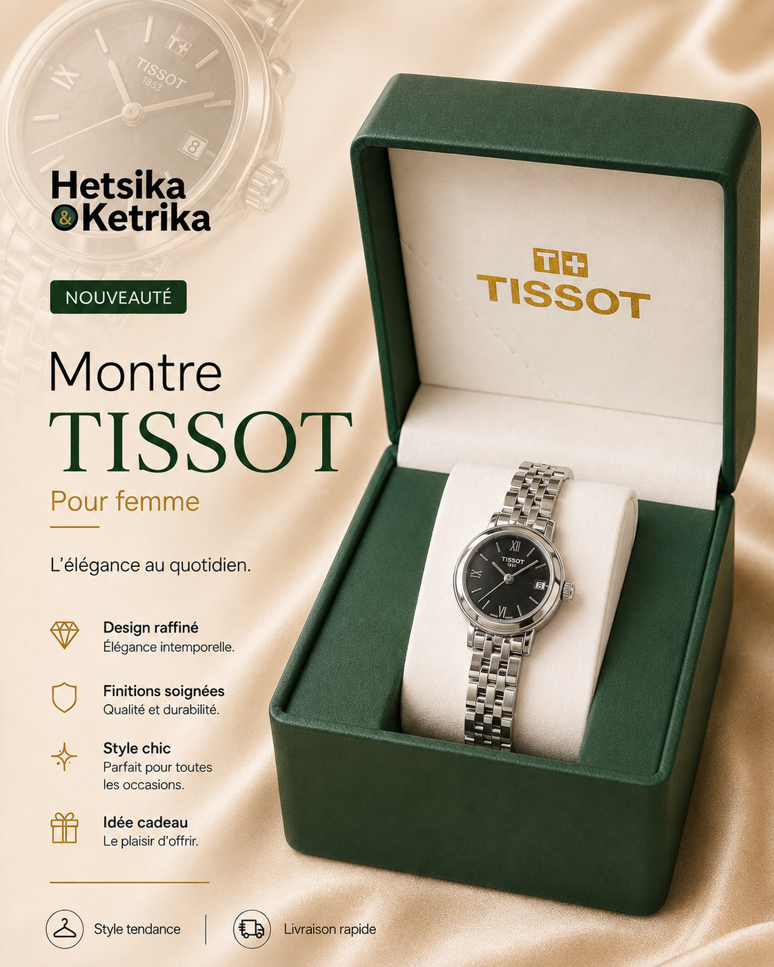 Montre Tissot Cadran Noir Bracelet Argenté