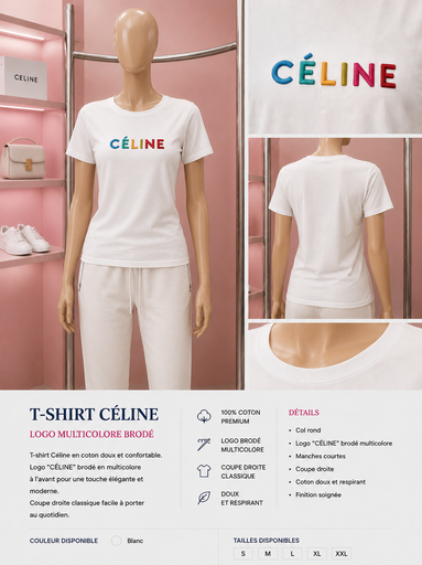 T-shirt Céline Logo Multicolore Brodé